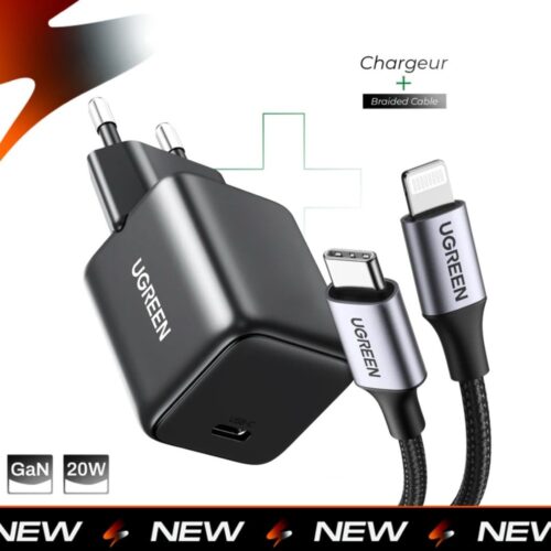 Pack UGREEN GaN 20W + Cable USB-C to Lightning Braided Certifié Apple MFi