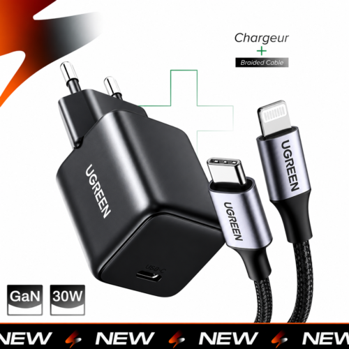 Pack UGREEN GaN 30W + Cable USB-C to Lightning Braided Certifié Apple MF